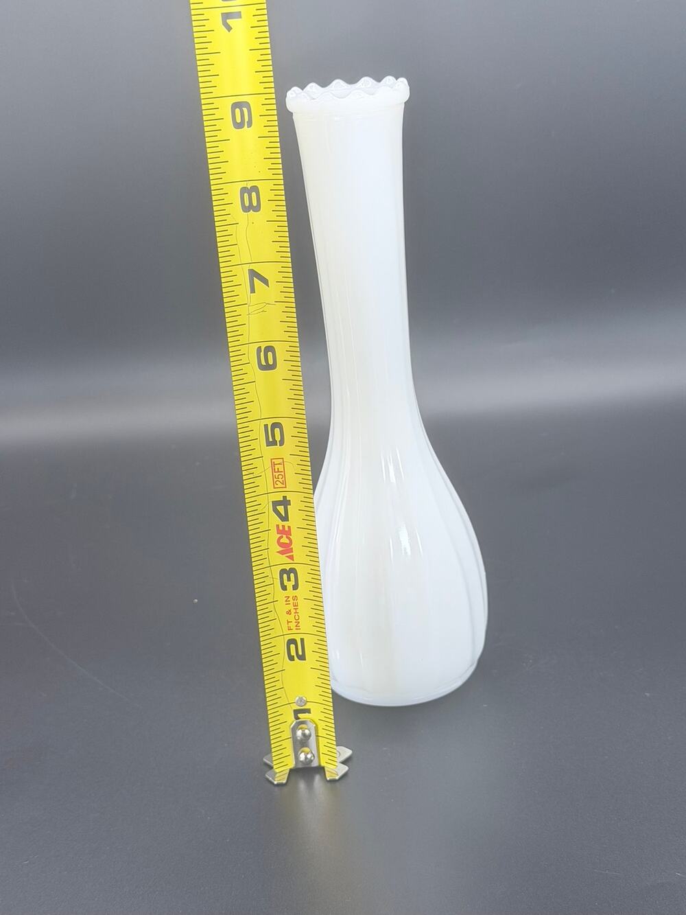 Vintage White Milk Glass Bud Vase 9.25" Ribbed Fluted Sawtooth Scalloped Rim